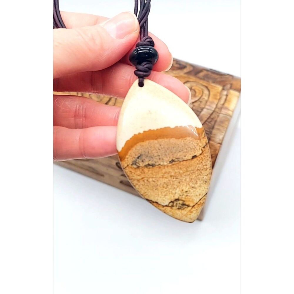 Large Picture Jasper Necklace Leather Cord Natural Stone Pendant - Picture 3 of 3